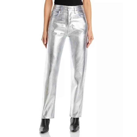 Agolde 90’s Metallic Silver High-Rise Straight Leg Jeans - Size 33 - Picture 1 of 5